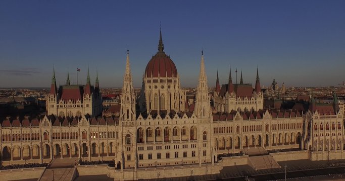 High quality aerial footage of Hungarian Parliament Building in gothic style
