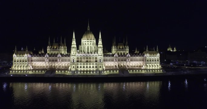 High quality aerial footage of Hungarian Parliament Building in gothic style