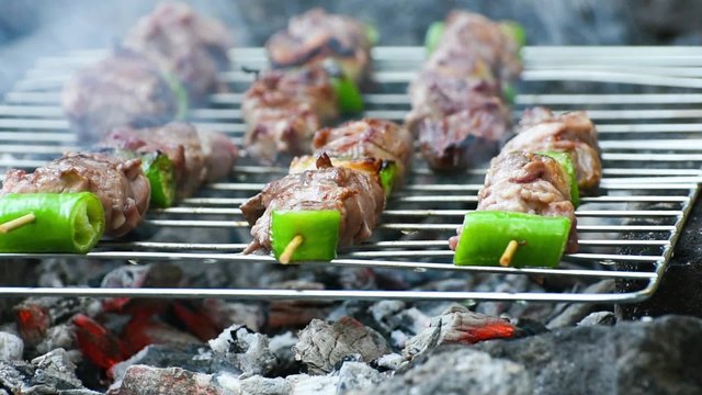 Shish kebab cooking on the grill over coals