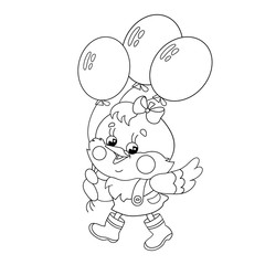 Fototapeta premium Coloring Page Outline Of a happy chicken walking with a balloon