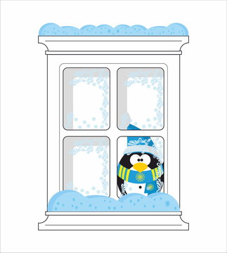 Penguin looks from fozen window