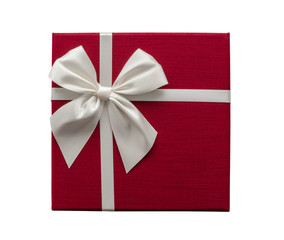 Isolated red gift box with white ribbon