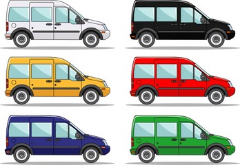 Set of six colored cars isolated on white background in flat style