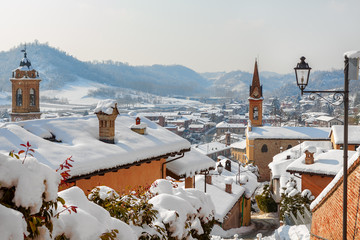 Small town covered with snow in Italy.