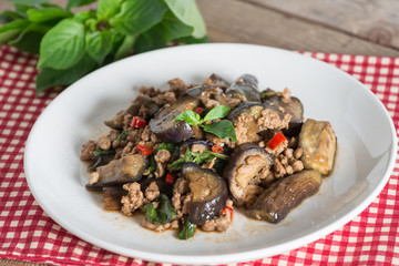 Stir fried eggplant with minced pork and basil, Thai Food.
