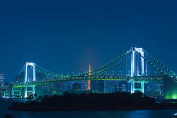 Rainbow bridge and Tokyo tower at the night scene from the park view