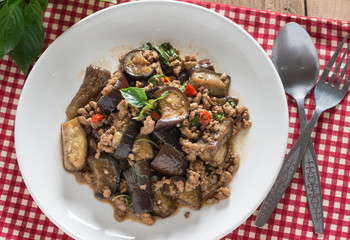 Stir fried eggplant with minced pork and basil, Top view.