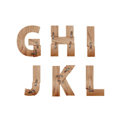 Alphabet made of wood bars connected with metal plates