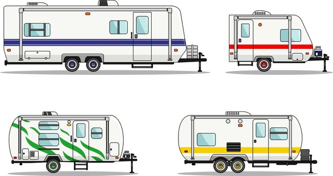 Set of travel trailer caravans on a white background in flat style. Vector illustration