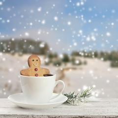 coffee cup on a snowy day window background