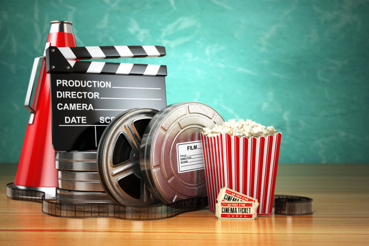 Video, movie, cinema vintage production concept. Film reels, cla