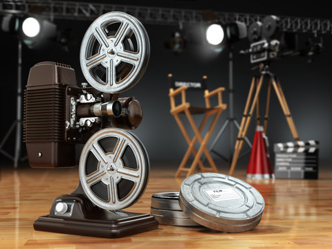 Video, movie, cinema concept. Vintage projector, retro camera, r