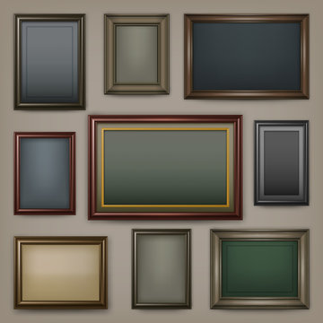 Picture wooden frames on dark background, vector illustration