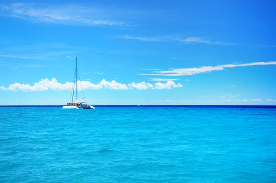 Fototapeta Sailing party catamaran in the blue carribean sea and cloudscape