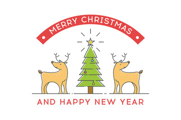 Deers near christmas tree. Line vector illustration.