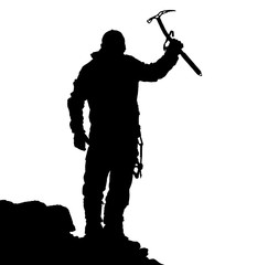 black silhouette of climber with ice axe in hand