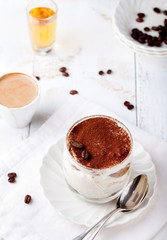 Tiramisu dessert in a glass. Traditional Italian.