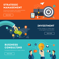 Business cartoon banner set. Quality design illustrations, elements and concept for business, finance, strategic management, money investment, great idea, consulting, teamwork. Vector illustration