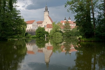 Telc, the historic renaissance town surrounded by ponds in the Vysocina, Czech Republic.