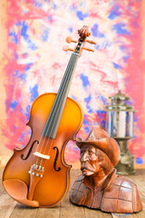 violin  still life with Wood carving