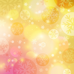 Bright yellow background with bokeh and snowflakes, vector