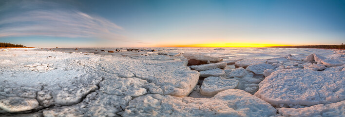Hummocks on the shore of the Baltic Sea. Winter landscape.
