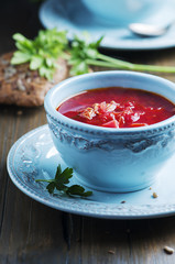 Traditional russian beetroot soup with parsley