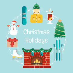 Christmas holidays. Winter holidays. Christmas and winter attributes. Icons in the flat design. Vector