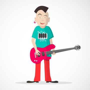 Bass Guitar Player - Punk Style Vector Isolated on Light Background