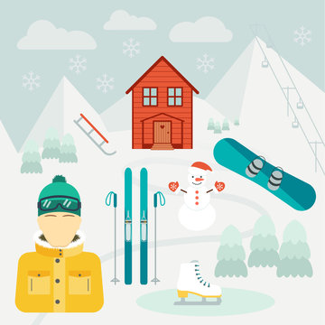 Winter holidays. Winter sport. Ski resort.  Icons in the flat design. Vector