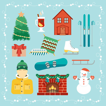 Christmas holidays icons. Winter holidays. Christmas and winter attributes. Icons in the flat design. Vector