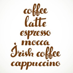 Coffee, latte, espresso, mocca, Irish coffee, cappuccino calligr