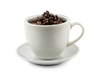 cup with coffee beans isolated on white background