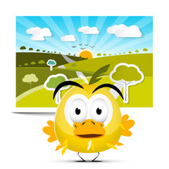 Funny Vector Yellow Chicken on Field Landscape Picture Background with Trees, Meadow and Sunny Sky
