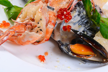 The black spaghetti with seafood closeup