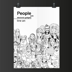 Crowd of people with electronic gadgets line art on white paper