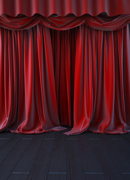 3d render. red curtain on the stage. The backdrop to the side scene