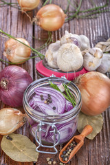 Domestic red onion preserved in jar, with onion and garlic on table