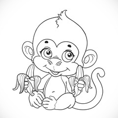 Cute baby monkey with banana outlined isolated on a white backgr