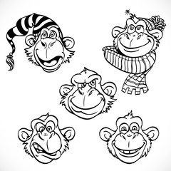 Cute monkey characters line art isolated on a white background