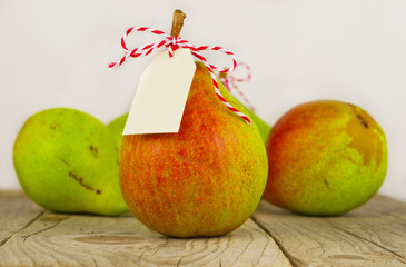 Fruit background. Fresh organic pears on old wood. Pear autumn h