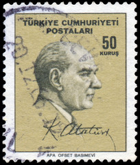 Stamp printed in Turkey shows portrait of Mustafa Kemal Ataturk