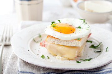 Croque madame, egg, ham, cheese sandwich. Traditional French cuisine. 