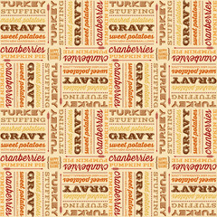 Happy Thanksgiving seamless design featuring traditional thanksgiving foods in retro fonts