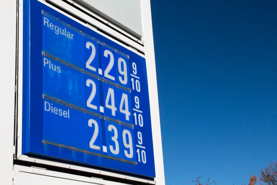 Blue gasoline sign for regular, plus and diesel