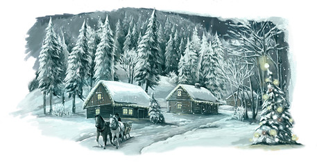 Christmas winter happy scene with wooden house in the mountains - forest - illustration for the children