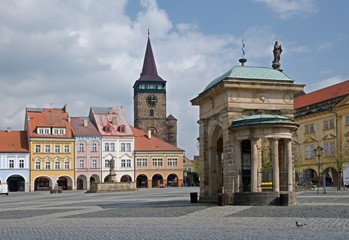 Fototapeta premium Square with historic houses and Valdicka gate in Jicin, Cesky Raj, Czech republic