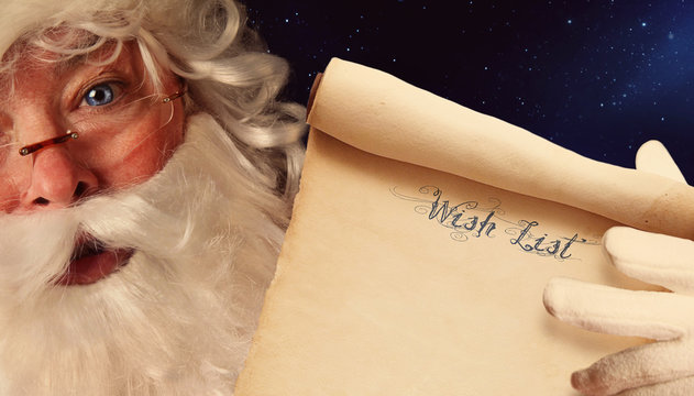 Closeup of Santa Clause holding scroll