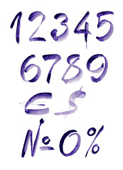 Watercolor hand written purple numbers. Vector illustration