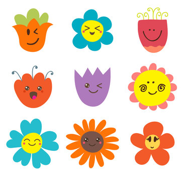 Cute happy flowers. Funny flowers collection
